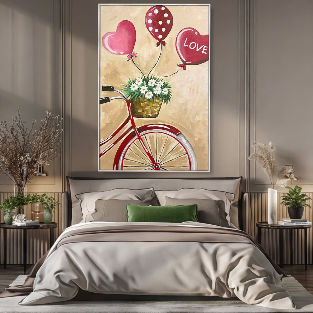 Tablou canvas cu pictura cu bicicleta vintage si baloane, in rama de aluminiu argintiu, pe perete intr-un dormitor